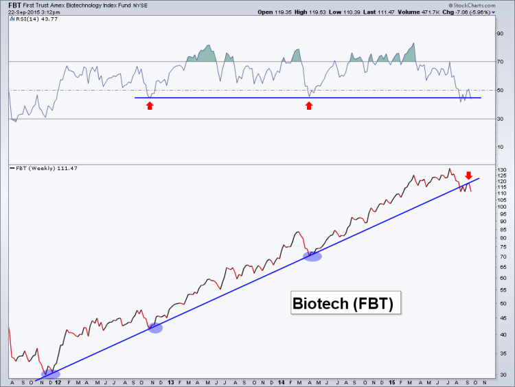 fbt biotech sector etf trend line support broken