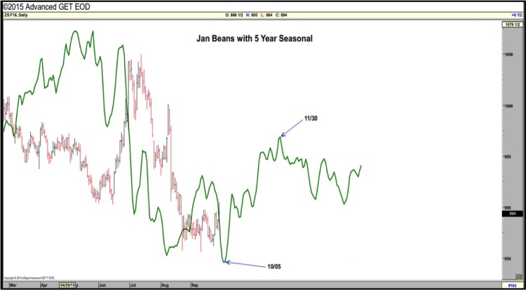 january soybeans prices vs 5 year seasonality chart