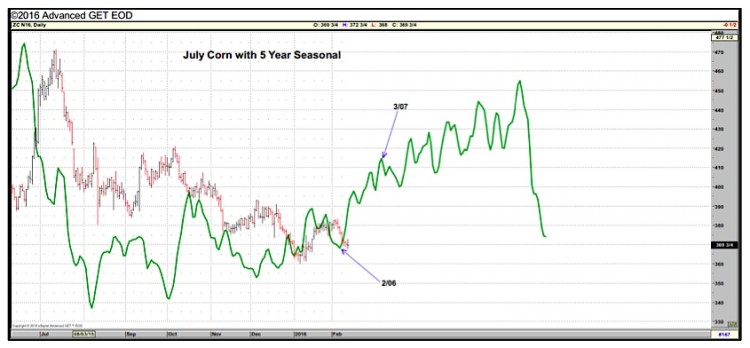 july corn futures 5 year seasonality prices chart