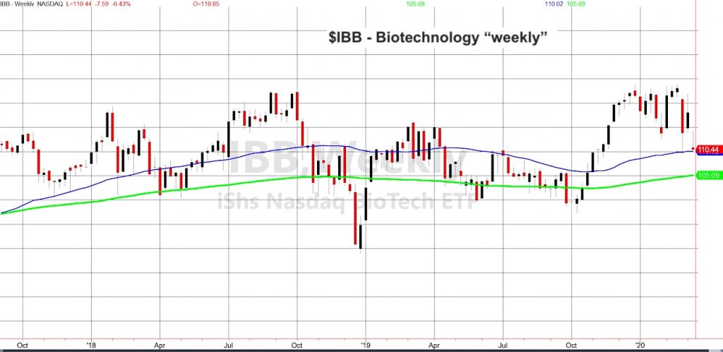 ibb biotechnology sector etf trading chart crash decline analysis_march 9 year 2020