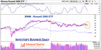 Small Cap Stocks Weak; Russell 2000 Breaks 200-Day Moving Average iwm russell 2000 etf trading pullback analysis chart september