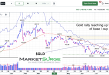 Gold Rally Reaches Up Near Top of “Cup” Formation gld gold etf trading near top of base cup chart august 23